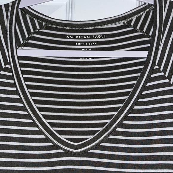American Eagle olive green and white striped short sleeve shirt with a v neck - Picture 2 of 3